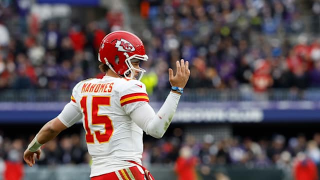Jan 28, 2024; Baltimore, Maryland, USA; Kansas City Chiefs quarterback Patrick Mahomes (15) reacts on the field against the Baltimore Ravens during the first half in the AFC Championship football game at M&T Bank Stadium. Mandatory Credit: Geoff Burke-USA TODAY Sports  